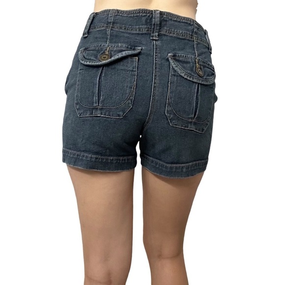 Y2K Denim Shorts Cargo Pockets Dark Blue Grunge Casual Cotton Size 6 Small - Picture 1 of 5